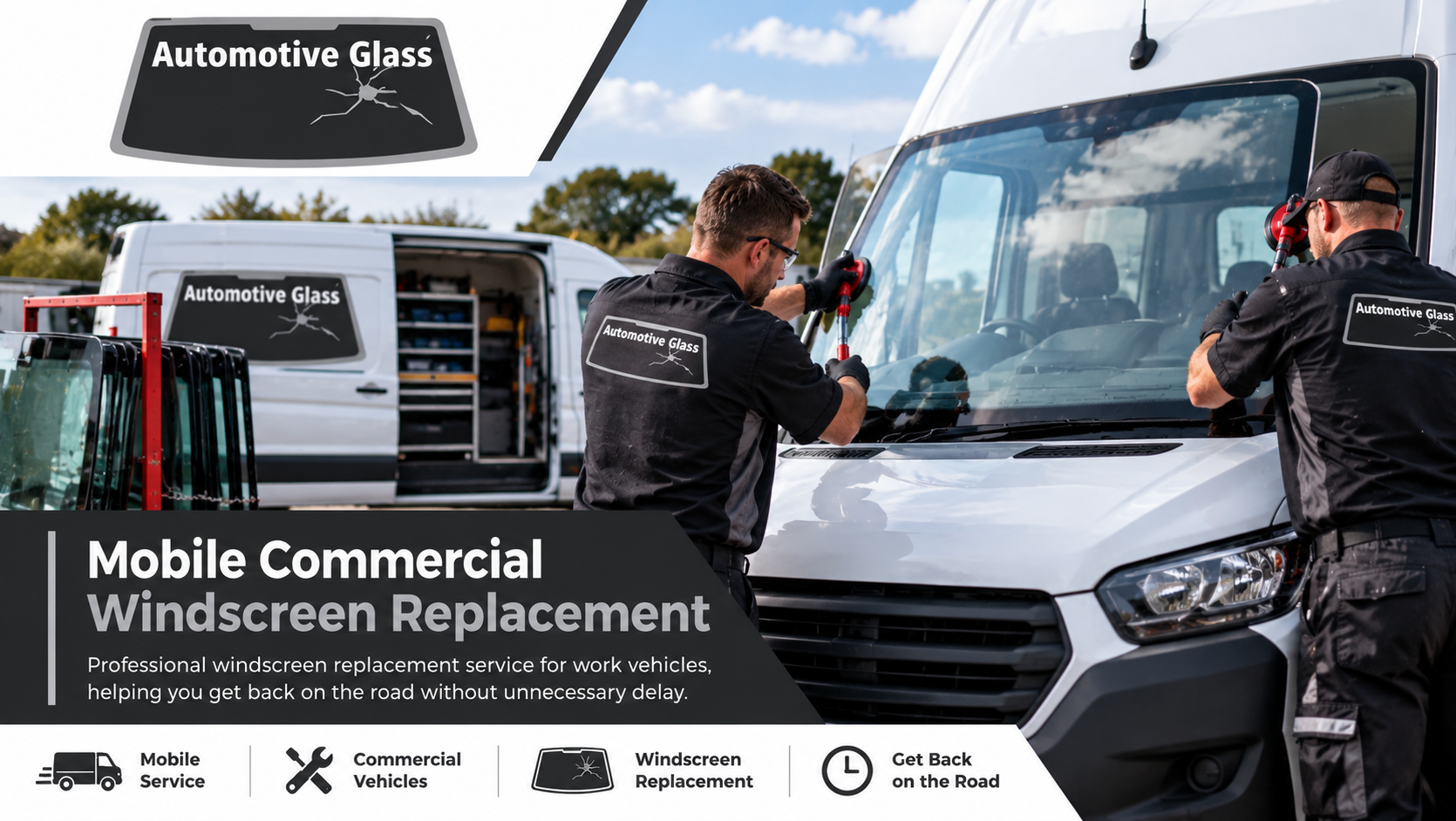 Mobile commercial windscreen replacement service for work vehicles