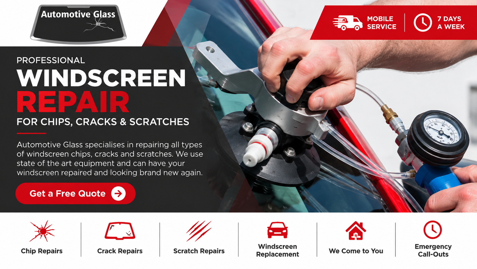 Professional windscreen repair service for chips cracks and scratches by Automotive Glass